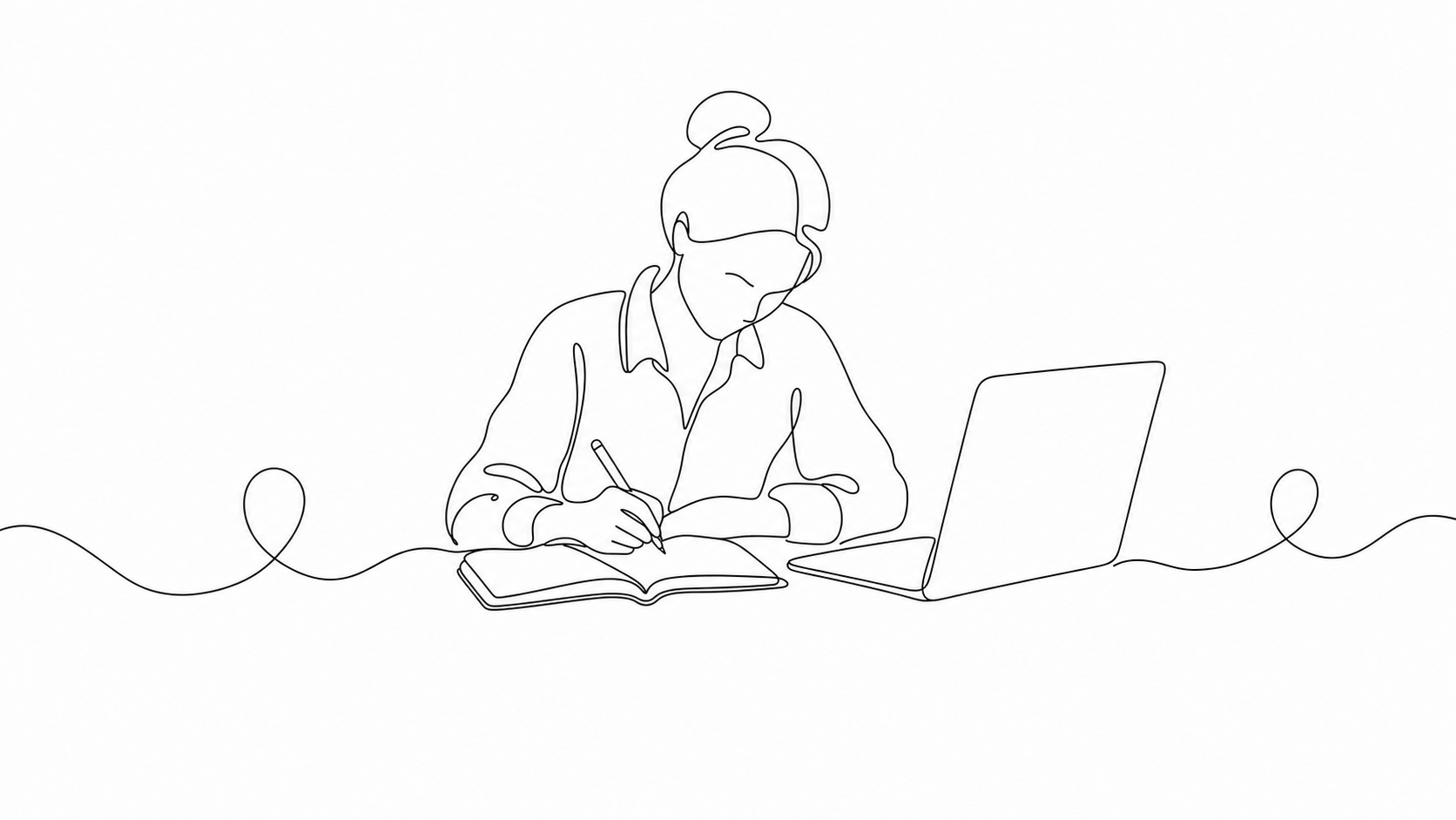 A continuous-line sketch of a person writing in a notebook beside an open laptop.