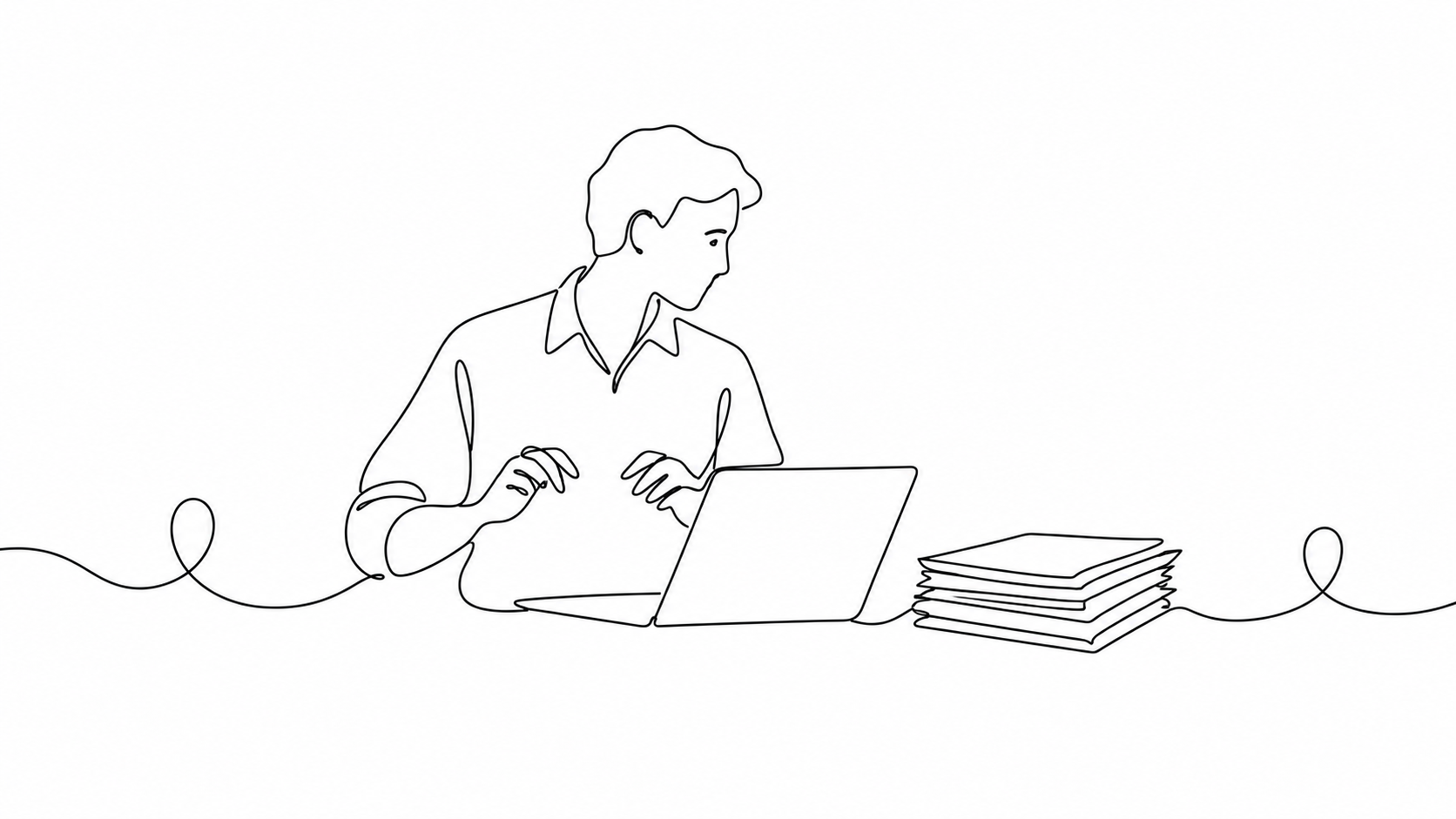 Continuous-line sketch of a person pausing at a desk, hands lifted from a keyboard beside a stack of papers and a laptop.