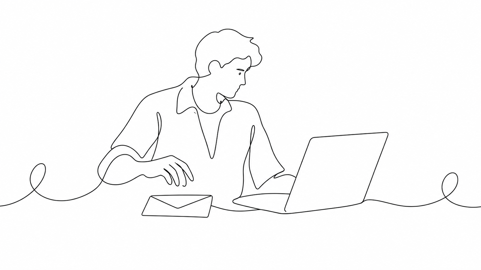 A continuous-line sketch of a person at a laptop, pausing between the screen and an unopened envelope.