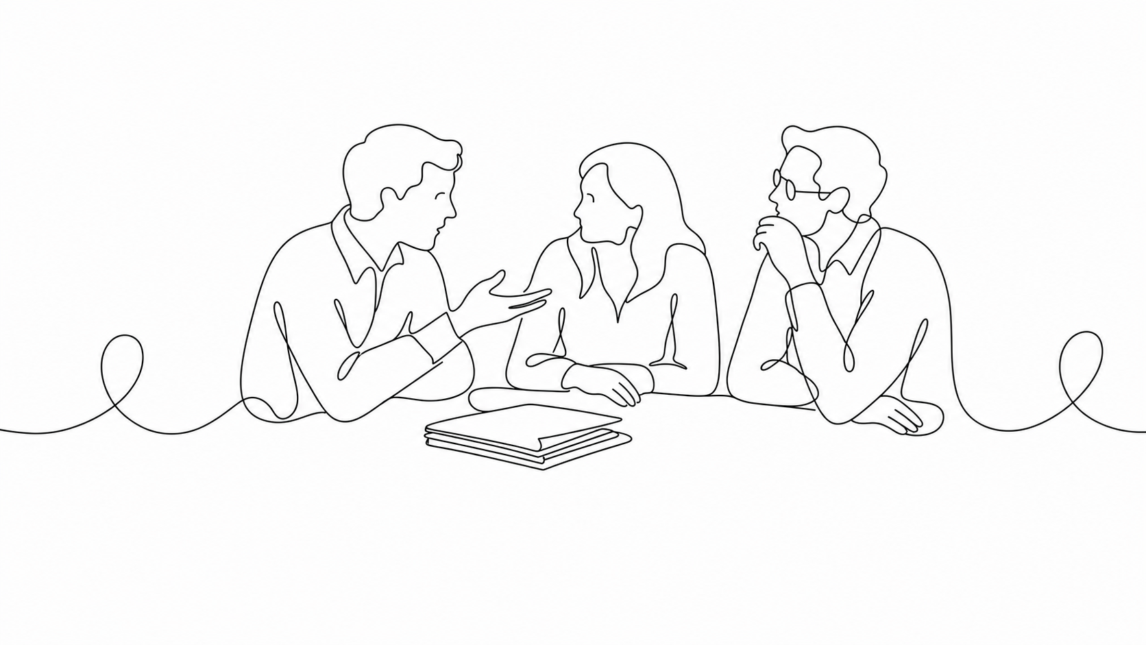Continuous-line sketch of three colleagues around a board table, one leaning forward mid-discussion.