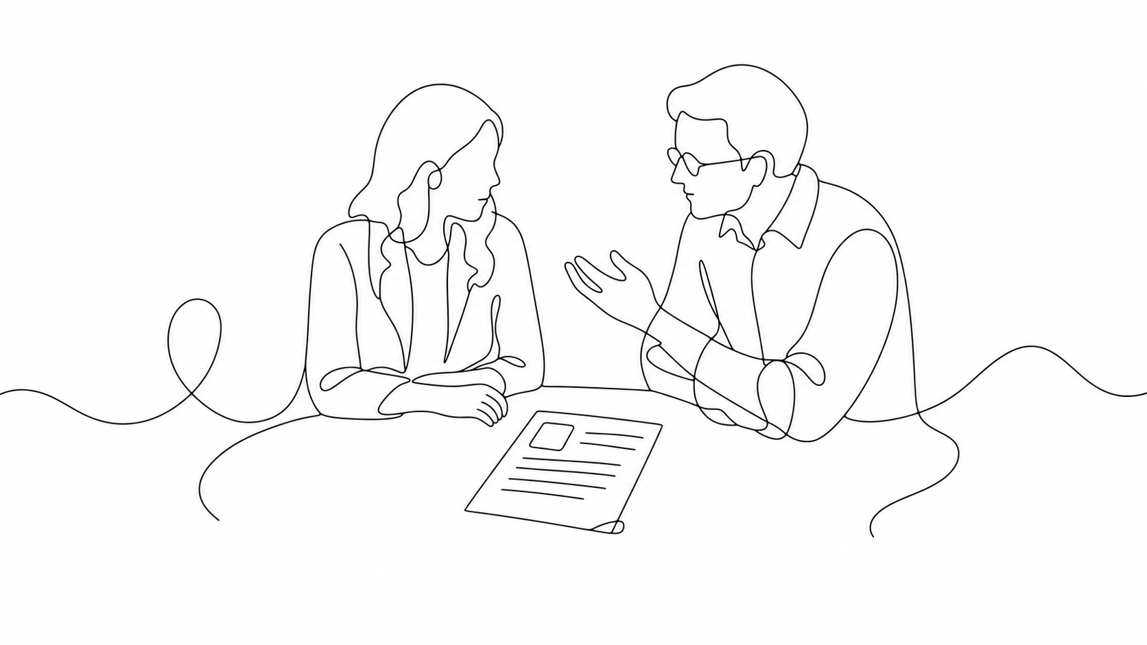 Continuous-line sketch of two colleagues at a table reviewing a single résumé, one leaning in to ask a question.