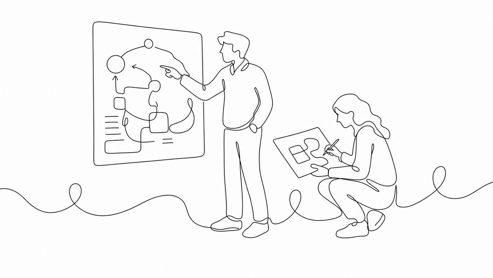 Continuous-line sketch of one person pointing to a wall diagram while another sketches an overlay on a second sheet.