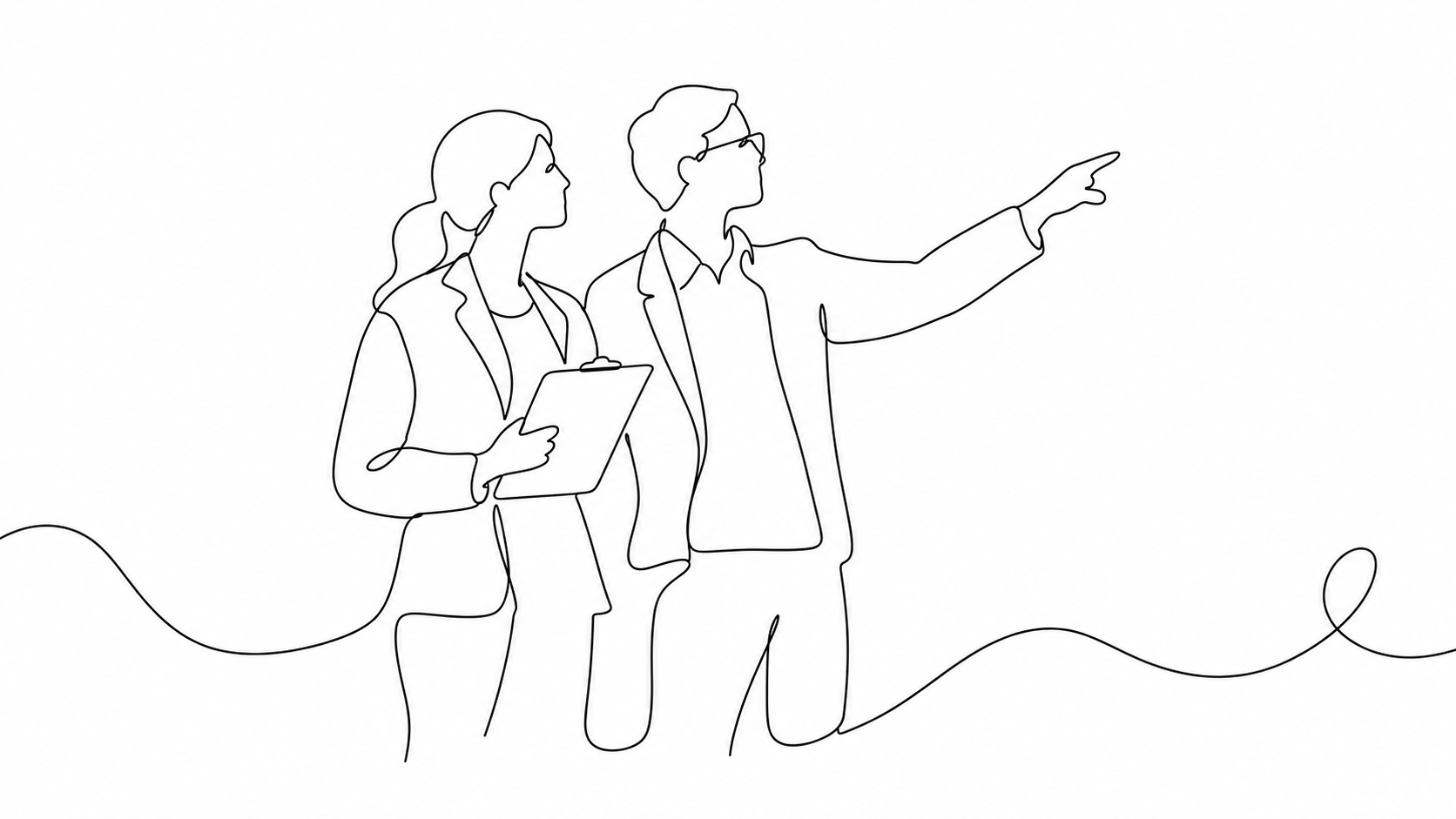 Continuous-line sketch of two colleagues looking toward the same point, one holding a clipboard as the other gestures.