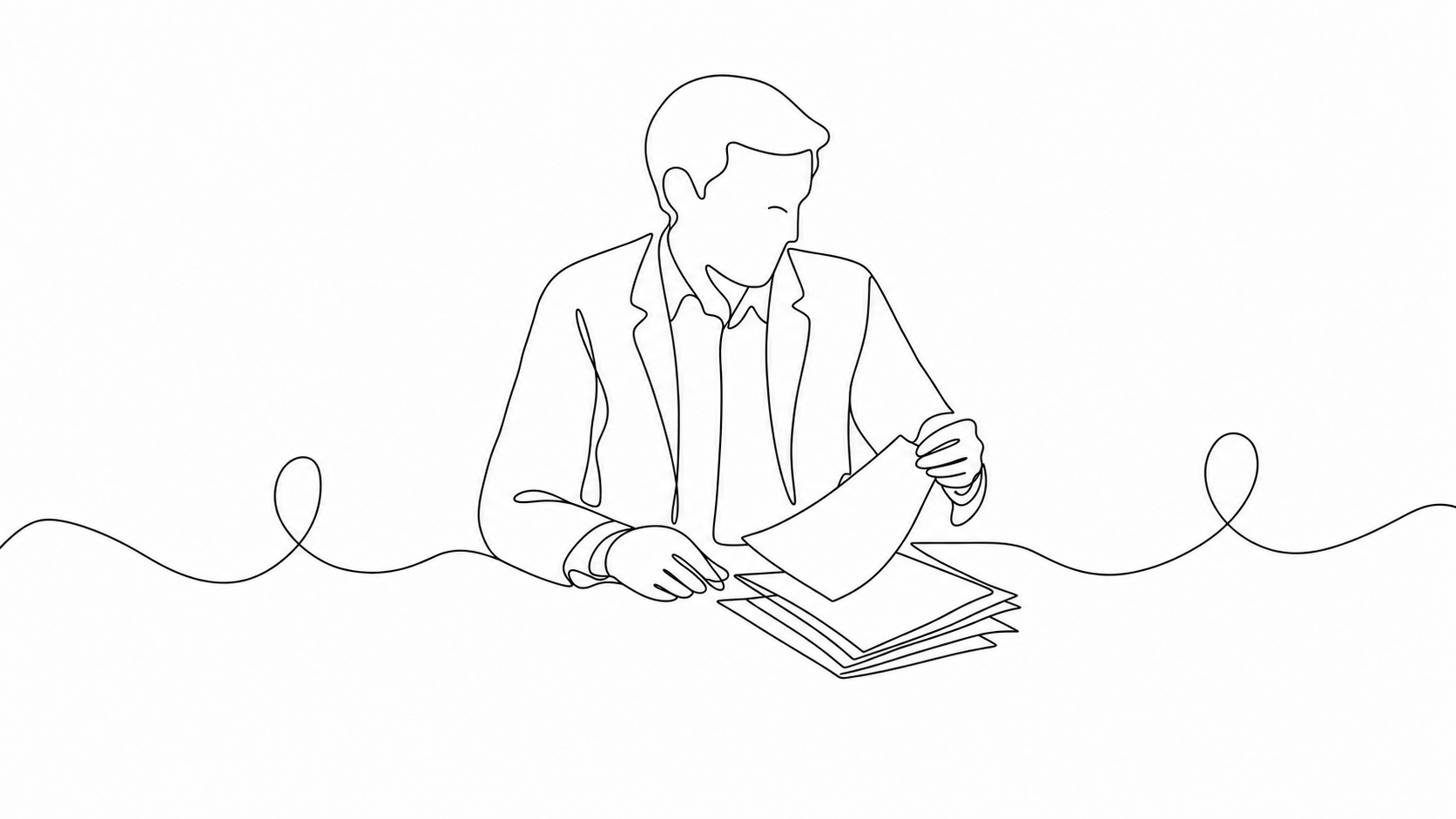 Continuous-line sketch of a person turning a page over at a boardroom table, papers fanned in front of them.