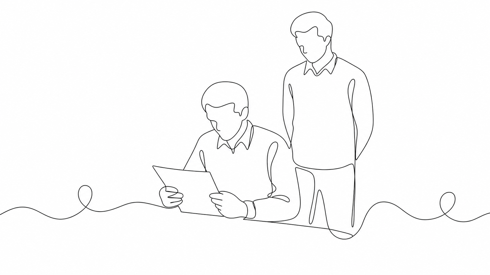 Continuous-line sketch of one person seated at a desk reading a single sheet while another figure stands behind waiting.