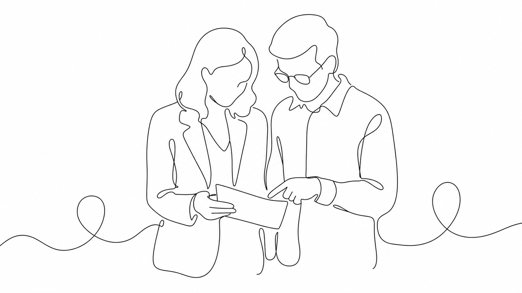 A continuous-line sketch of two colleagues reading a page together while one traces a line on it.