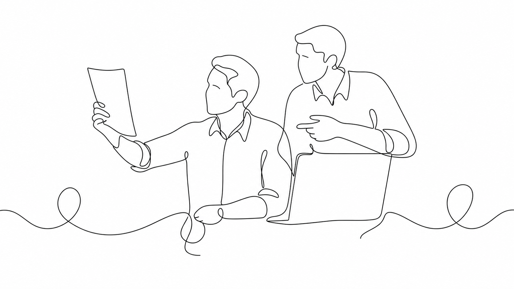 Continuous-line sketch of one person holding a printed letter while another figure gestures toward a laptop behind them.
