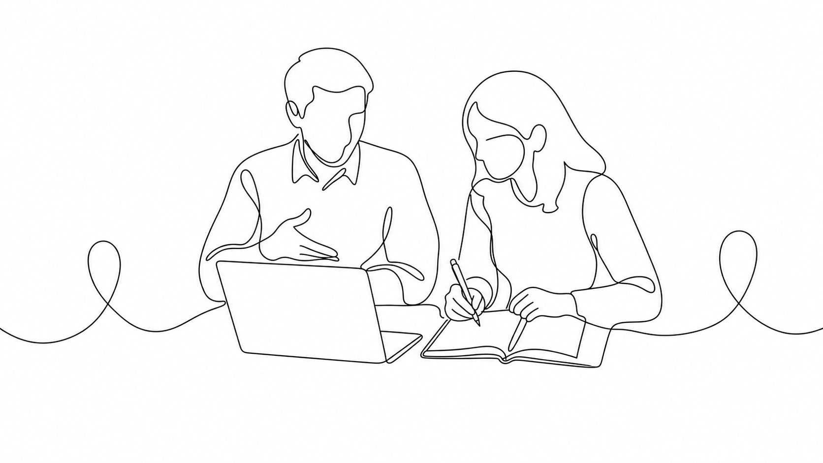 Continuous-line sketch of a person writing in an open notebook beside a laptop, mid-translation.