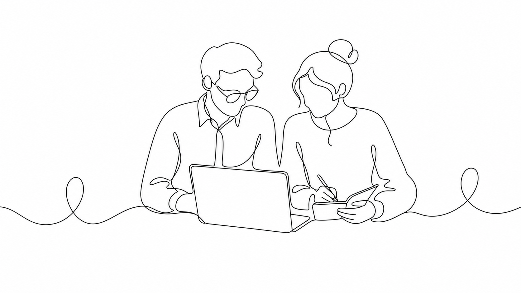 Continuous-line sketch of two colleagues reviewing a decision at a laptop, one taking notes.