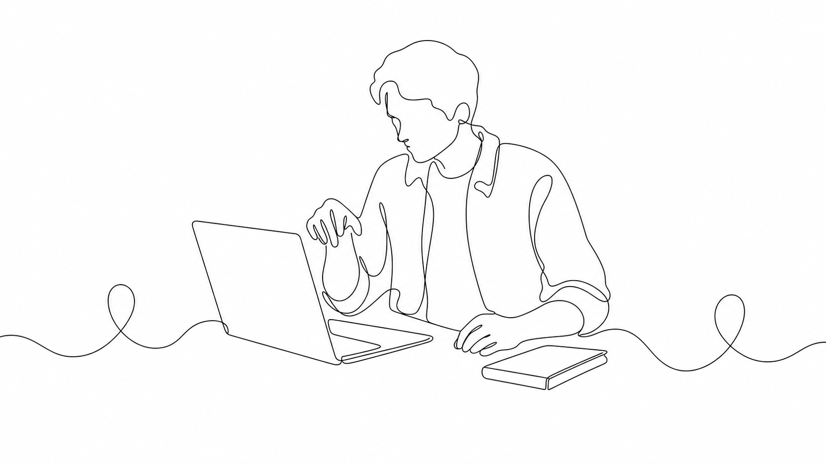 Continuous-line sketch of a person at a laptop, hand hovering over the keyboard, mid-decision.